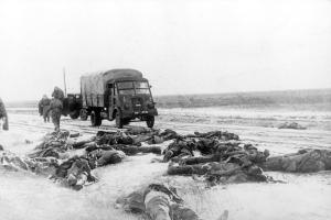 Тела убитых немецких солдат на военной дороге в степи.