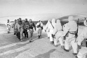 Советские пехотинцы идут по направлению к Сталинграду. Навстречу им конвоируют немецких военнопленных.