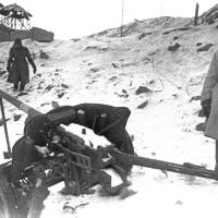 Командир 138 сд И. И. Людников рядом с трофейным орудием. Зима 1943 г. 